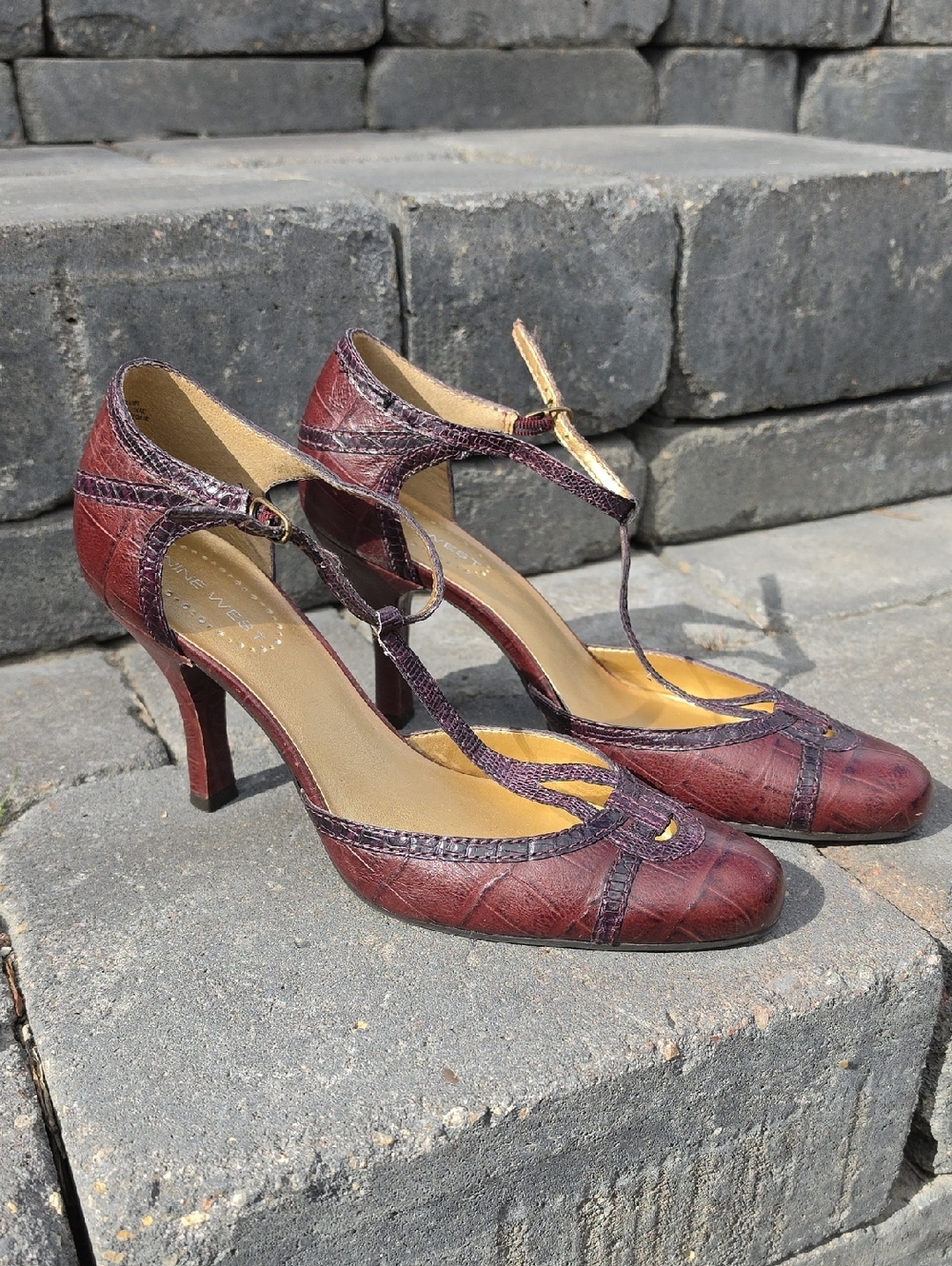 Nine West Burgundy T-Strap Leather Heels